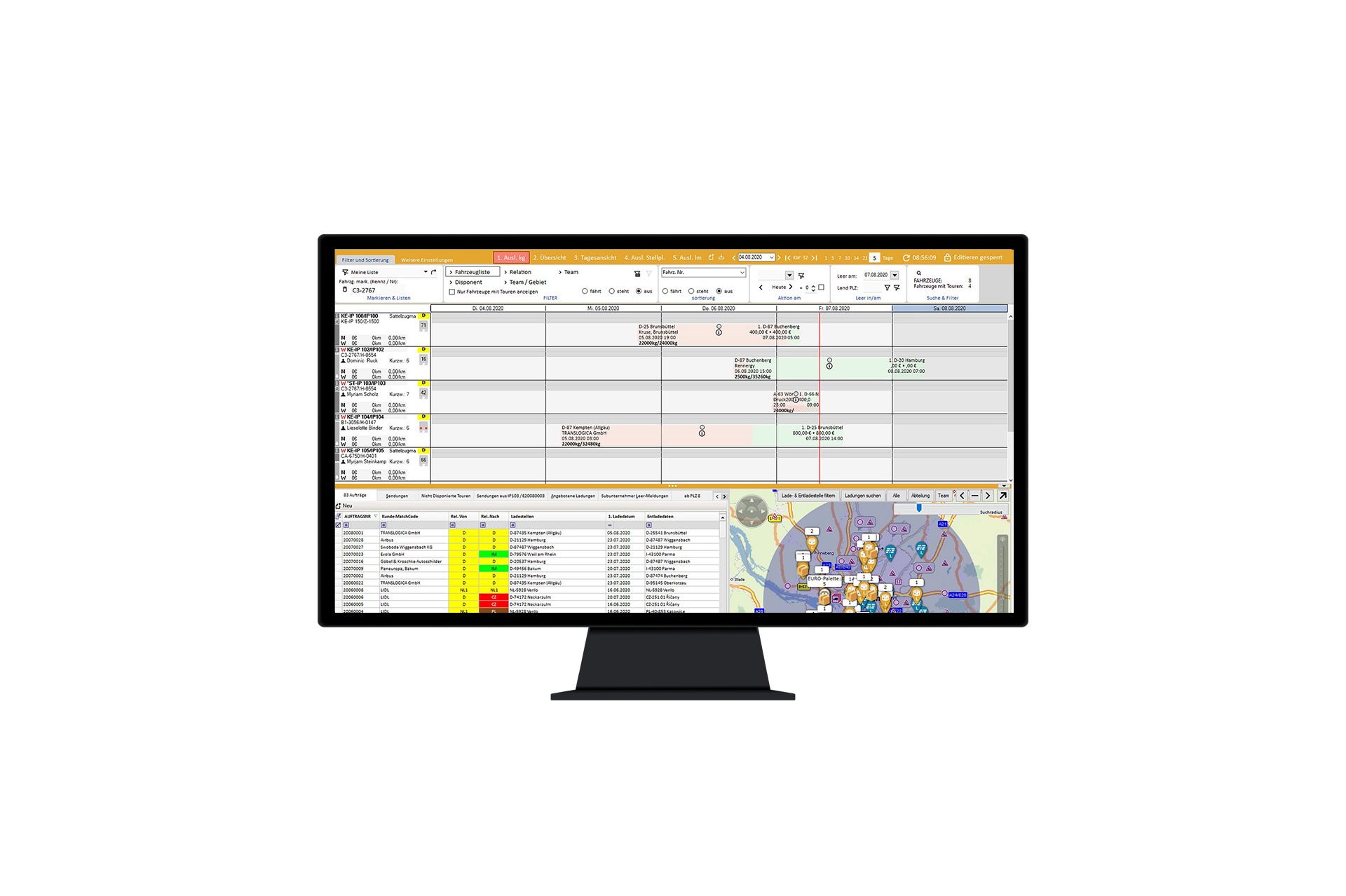 Screenshot zur Geografischen Disposition in Verbindung mit dem logistischen Transportmanagement